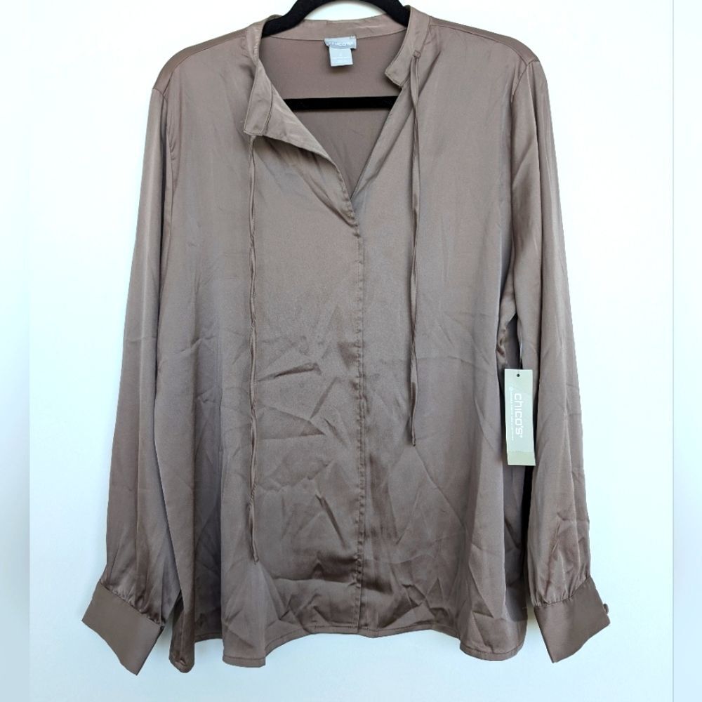 NWT Chico's Tie Neck Popover Blouse Solid Satin Top Sz 12/14 in Mountain Stone